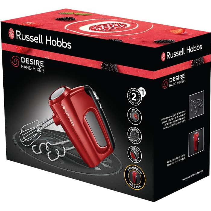 Міксер ручний Russell Hobbs Desire Red 5 швидкостей + турбо, насадки для тіста, кнопка виштовхування, підставка