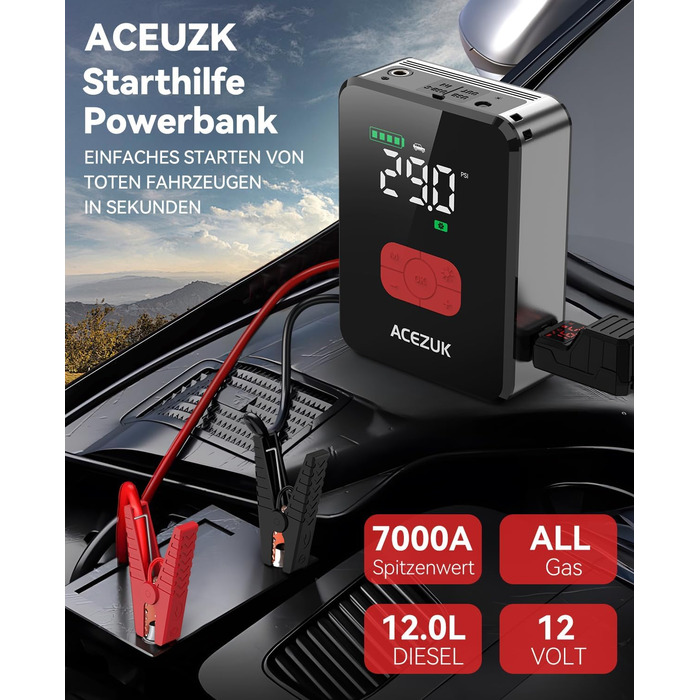 Портативний пусковий пристрій 7000A з компресором 150PSI для автомобілів, 12V, LED-ліхтарик