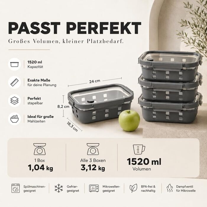 Набір скляних контейнерів для їжі Meal Prep (3 шт) з герметичною кришкою, 640-1520 мл, модель Tarifa