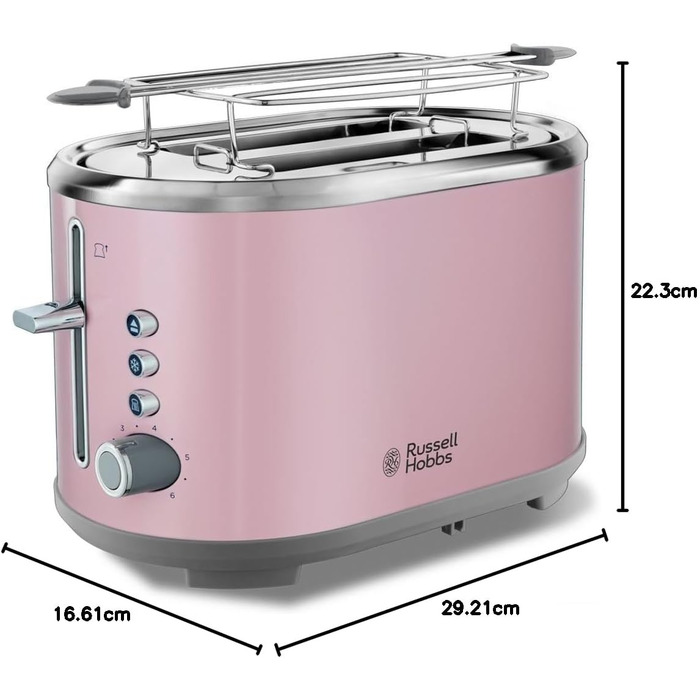 Тостер Russell Hobbs Hanley на 2 тости, рожевий - 6 режимів, розморожування, підігрів, широкі слоти, підставка для булочок