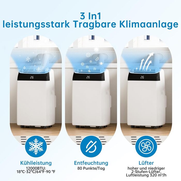 Мобільний кондиціонер Acekool 12000 BTU 4-в-1 з нічним режимом, енергокласу A, для кімнат до 51м²