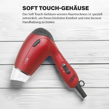 Компактний дорожній фен Clatronic HTD 3429 (1200Вт, 2 швидкості, з дифузором та сумкою, 110/230В) — Червоний