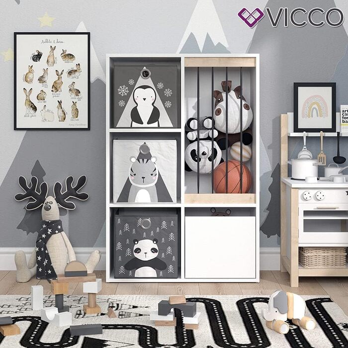 Дитяча полиця Vicco Luigi біла 72x107,8 см з 2 складними коробками, опція 5, 72x96 см з коробками Слон/Тигр