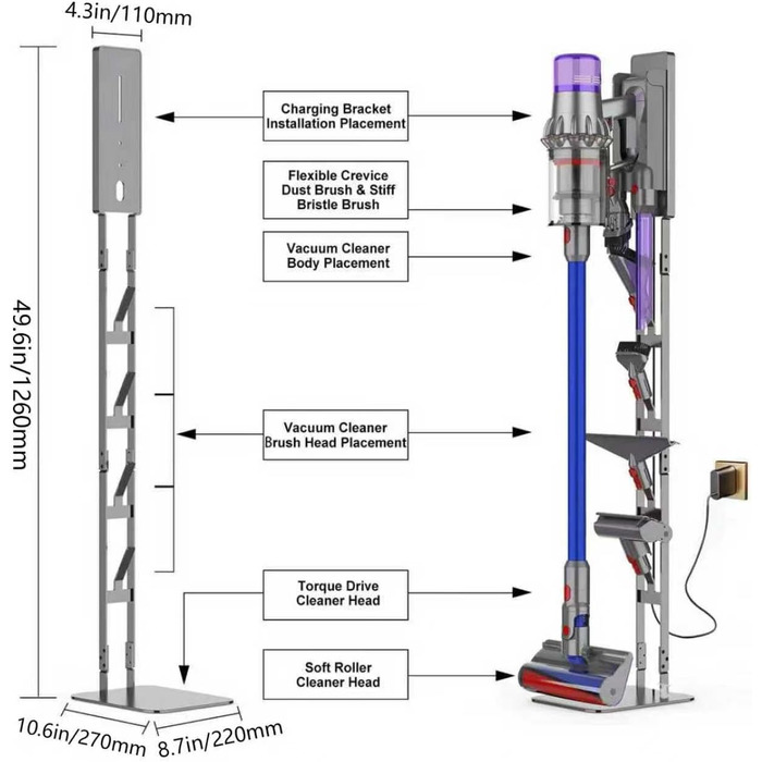 Підставка для пилососа Dyson V15 V12 V11 V10 V8 V7 V6 та серії DC — Стійка для зберігання з вугільцевої сталі з антиковзаючим дизайном