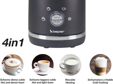 Електричний спінювач молока BEPER P101CAF001, 300 мл, 500 Вт, 4 режими, чорний, з кришкою
