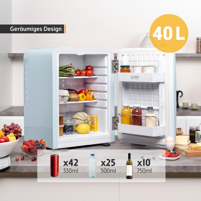 Холодильник мініатюрний TZS First Austria Retro 40L безшумний блакитний - 40 літрів, з підсвіткою та 2 полицями для дверей - для кемпінгу, офісу, спальні та готелю