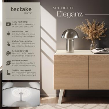 Настільна лампа tectake у вінтажному стилі «Гриб» (бездротова), нічник для вітальні та читання, матовий нікель