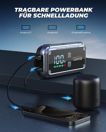 Бустер для автомобіля Starthilfe Powerbank 6000A: портативний пусковий пристрій 12V з USB 3.0, LCD-дисплеєм та ліхтариком для бензинових та дизельних двигунів (до 8.0L)