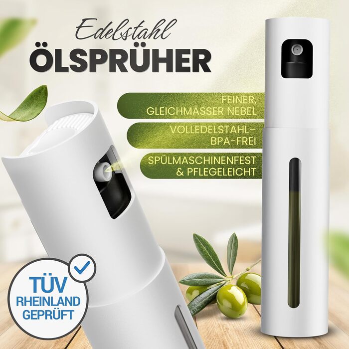 Преміум розпилювач для олії Leisure Life® NEU 2.0, нержавіюча сталь, 100 мл, BPA-free, для кухні, гриля та аерофритюрниці (Lunar Steel)