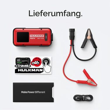 Бустерний пускач HULKMAN Alpha Ultra Red 1000A 37Wh для автомобіля 12V, портативний jump starter для бензинових (до 6.5L) та дизельних (до 3.0L) двигунів, IP65, LED-дисплей