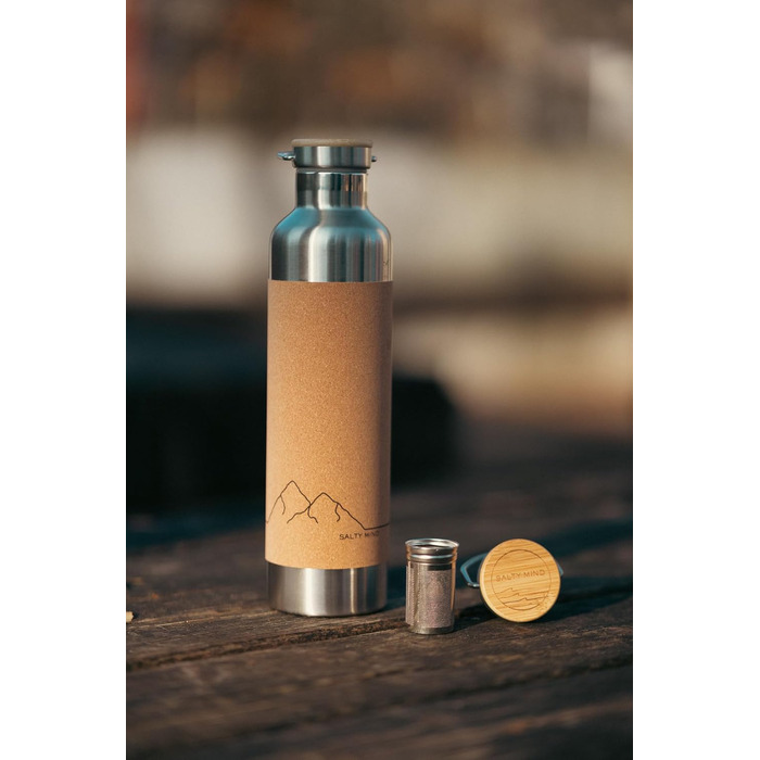 Salty Mind термос-пляшка з нержавіючої сталі 1 л, ізольована, герметична, BPA Free, з корковою кришкою та ручкою для води, для спорту, офісу, походів, екологічна