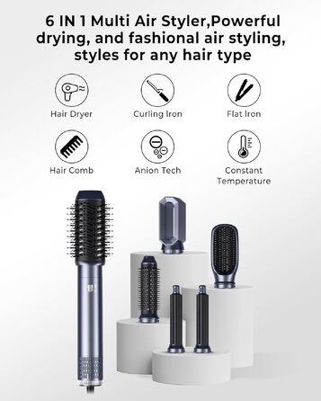 Багатофункціональний стайлер для волосся Haarstyler 6-в-1: фен-щітка, випрямляч, плойка, насадки для об'єму та локонів, блакитно-золотий