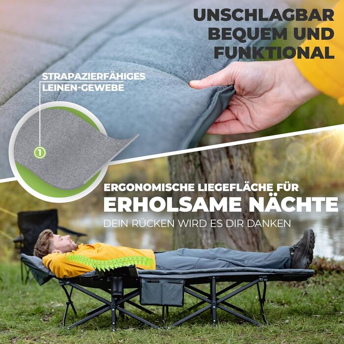Розкладне кемпінгове ліжко NORDICTRAILS XXL з м'яким матрацом, сіре (190 x 70 см) — зручне похідне ліжко для відпочинку, риболовлі та гостей