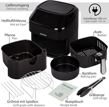 Аерофритюрниця ONVAYA XXL, без олії, 1700 Вт, LED-дисплей, 10 програм, для 5-6 осіб, з формою для випікання та решіткою зі шпажками
