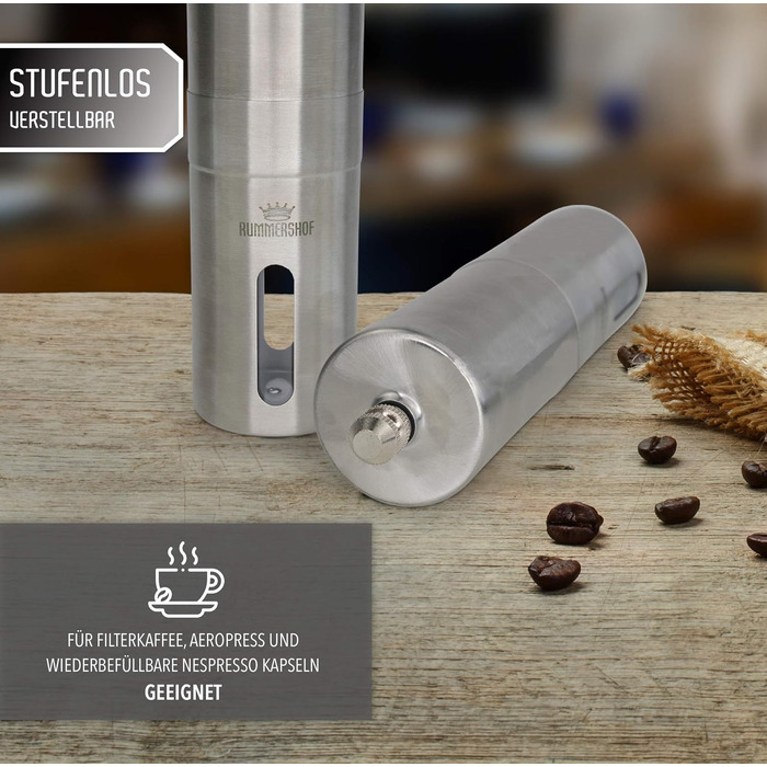 Кавомолка ручна з керамічними жорнами Kaffeemühle 2.0 - Еспресо-кавомолка з нержавіючої сталі + щітка та мішок для збору кави. Точне регулювання помелу.