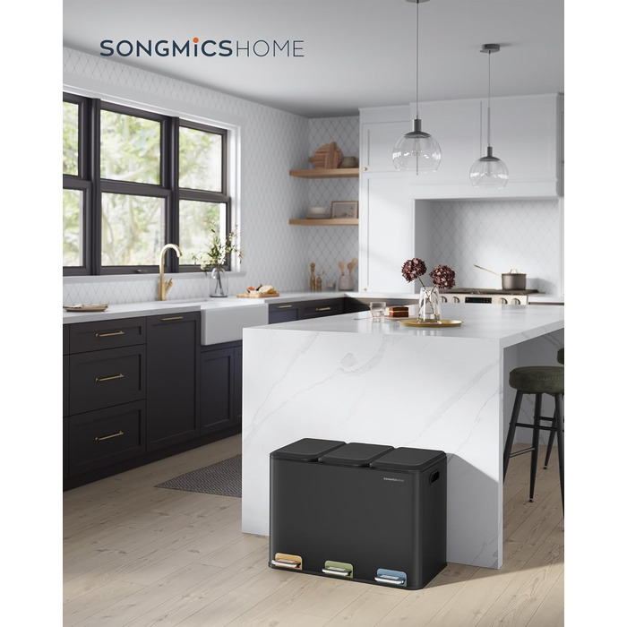 Сортувальний смітник SONGMICS HOME для кухні, 3×15 л, з кришками, кольоровими педалями та внутрішніми контейнерами, чорний сталь