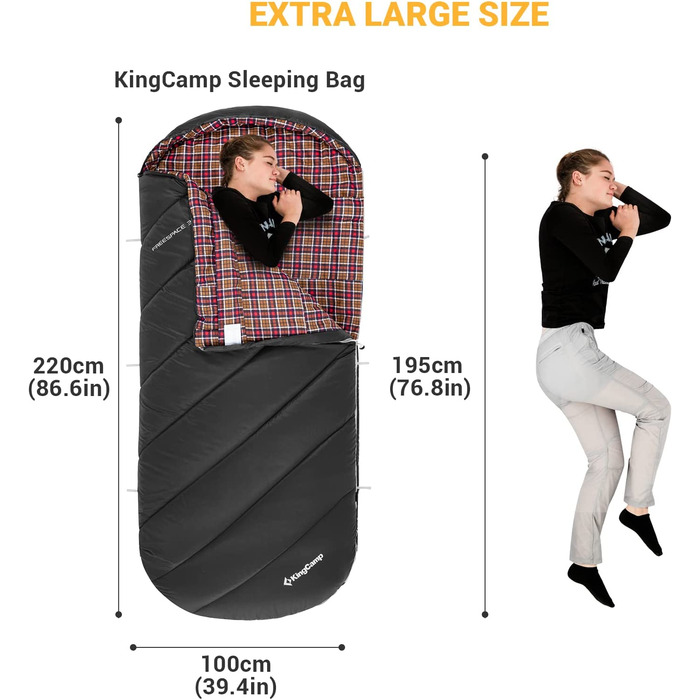 KingCamp спальний мішок XXL для дорослих, 3 сезони, легкий, для туризму, кемпінгу, рюкзакових подорожей, синій, 2.1 кг
