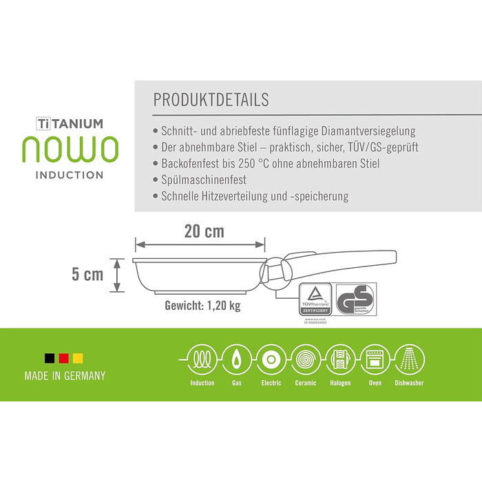 Сковорода Woll Nowo Titanium 20 см індукційна, знімна ручка, алюмінієвий литий корпус, антипригарне покриття, для всіх типів плит