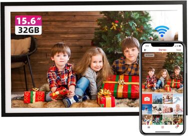 FRAMEO Цифровий фоторамка 15.6 дюймів FHD, сенсорний екран, 32GB, Wi-Fi, віддалене завантаження фото та відео, календар, погода, музика, чорний