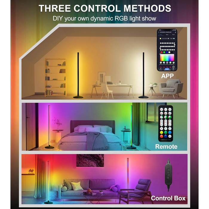 DeeprBling LED торшер для вітальні, диммований RGB світильник, керування пультом і додатком, 16 млн кольорів, музичні режими, таймер, EU-адаптер