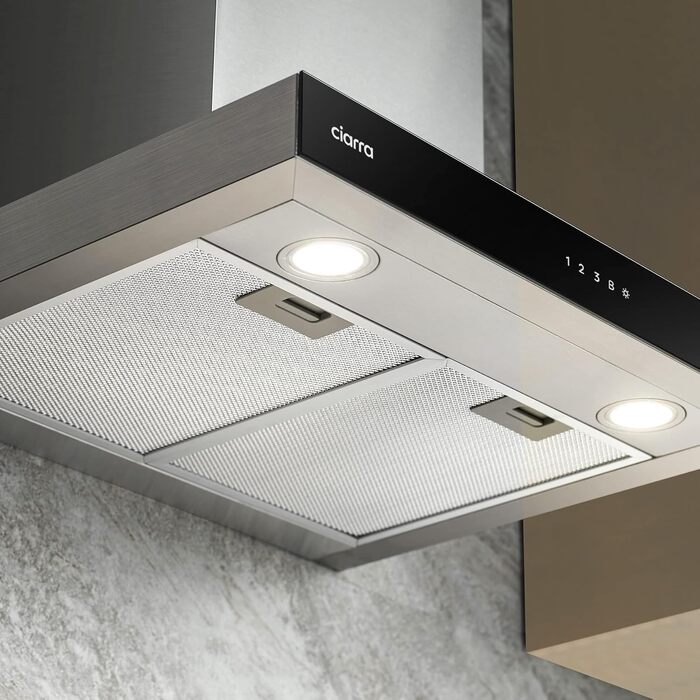 Витяжка кухонна CIARRA CBCS6102 A+++ 60 см, нержавіюча сталь, 650 м³/год, з вугільним фільтром CBCF003, сенсорне керування, режим рециркуляції та відведення