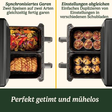 Фритюрниця Cuisinart XXL 10.4L з двома зонами, без PFAS та хімікатів. Брати, смажити, запікати, дегідратувати та підтримувати тепло. 2 камери (2 x 5.2L), 8+ порцій. Деталі придатні для миття в посудомийній машині. Чорний колір.