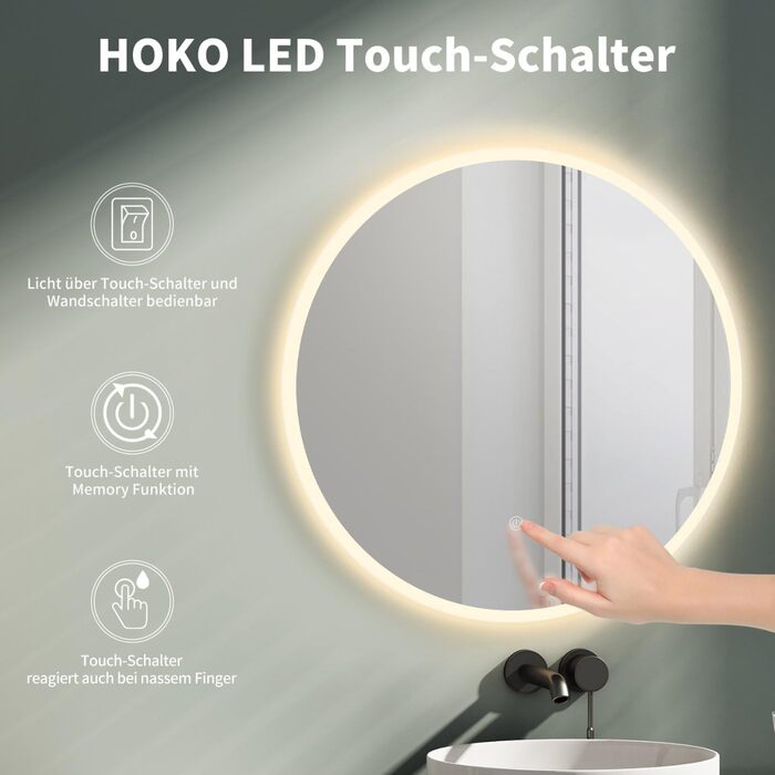 Дзеркало для ванної кімнати HOKO Design Riga, кругле, 60 см, з металевим каркасом, LED-підсвічування, сенсорне управління, регулювання кольору світла (80x80 см, срібло)