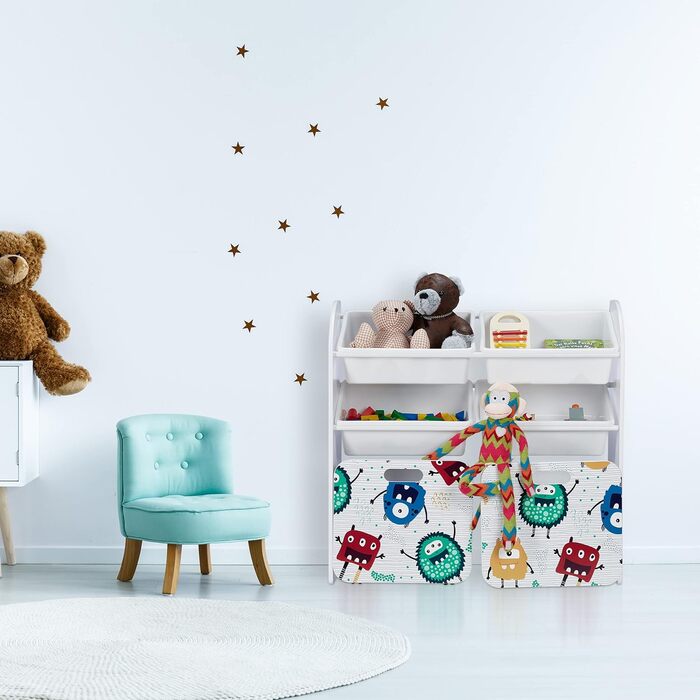 Дитяча полиця Relaxdays з 6 ящиками, монстр-дизайн, 2 контейнери на колесах, 80,5x82,5x30 см, біла, органайзер для іграшок