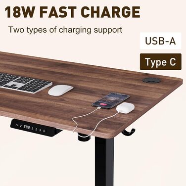 Електричний письмовий стіл з регулюванням висоти, швидка зарядка USB-A/Type-C, пам'ять і функція відскоку, 120x60 см, колір горіх