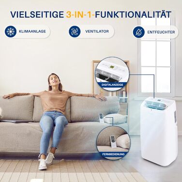 Мобільний кондиціонер SereneLife 3-в-1 з трубкою, 12 000 BTU, осушувач і вентилятор, для приміщень до 25 м², з пультом, видаляє 1,8 л вологи/год, білий
