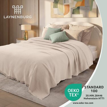 Преміум покривало з мусліну LAYNENBURG з бахромою, Oeko-TEX, бежеве, 220x240 см