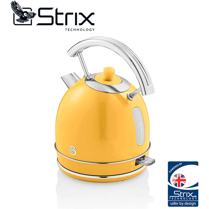 Електрочайник Swan Retro 1,8 л, вінтажний дизайн, автоматичне вимкнення, Strix контролер, бездротовий, BPA-free нержавіюча сталь, 2200Вт, жовтий