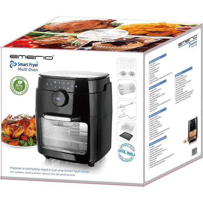 Аерофритюрниця Emerio XXL 13л Smart Fryer AF-121914 з ротисатором, кошиком та функцією дегідрататора, 1800 Вт, чорна