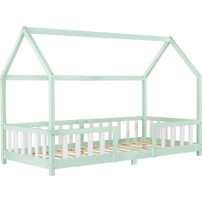 Дитяче ліжко-хаус Sisimiut 90x200 см з бортиками, підліжковим каркасом, з масиву сосни, світло-сіре/біле, [en.casa]