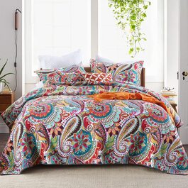 Покривало Qucover Boho 230x250 см з наволочками, бавовняне, кольорове стьобане для двоспального ліжка, стиль Пейслі