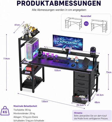 Ігровий стіл APICIZON 150 см з поличкою, підставкою під монітор та RGB-підсвіткою, чорний. Комп'ютерний стіл з USB, тримачем для навушників та підставки для чашки, карбоновий дизайн