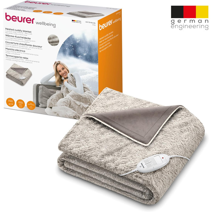 Електрична плед-грілка Beurer HD 75 Nordic, 180x130 см, 6 режимів, автоматичне вимкнення, машинне прання, м'яка, бежево-коричнева, під хутро
