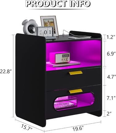 Розумна тумба Lvifur з LED-підсвіткою RGB, 2 шухляди, сенсор, бездротова та USB зарядка, чорний глянець