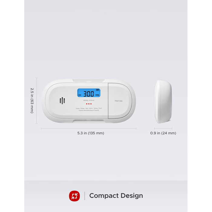 Розумний датчик чадного газу X-Sense XC04-WX з Wi-Fi, сповіщення через додаток X-Sense Home Security, зі змінною батареєю, білий