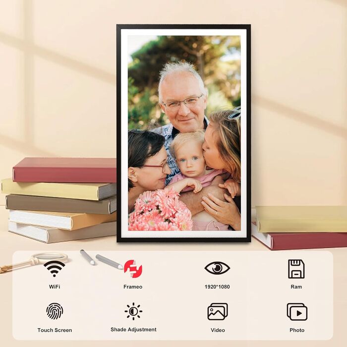 FRAMEO Цифровий фоторамка 15.6 дюймів FHD, сенсорний екран, 32GB, Wi-Fi, віддалене завантаження фото та відео, календар, погода, музика, чорний