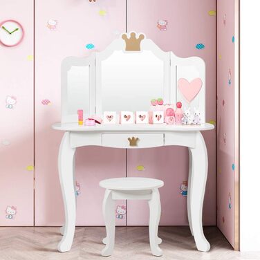 Дитячий туалетний столик DREAMADE з дзеркалом, стільчиком і шухлядою, білий дерев'яний косметичний стіл для дівчаток з фіксацією, знімним дзеркалом і захистом від перекидання