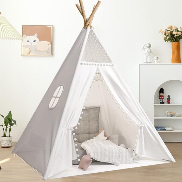 Kinder Tipi Zelt - класичне індіанське ігрове намет для дітей, бавовняний намет для дівчаток та хлопчиків з сумкою, складане ігрове домік для дому або на вулицю (A1)