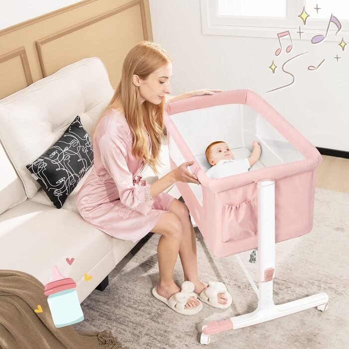 Дитяче ліжко-гойдалка Dreamade 2 в 1 з регулюванням висоти, 86 x 63 см, рожеве, від народження до 9 кг, з матрацом та колесами