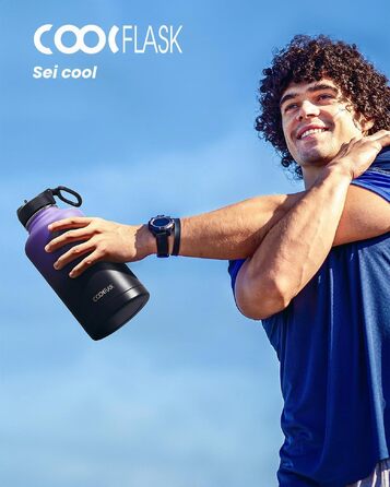 Термобутилка Coolflask з соломиною та 3 кришками, сталева ізольована пляшка для води 2Л для спорту та офісу, герметична, Фіолетовий/Чорний