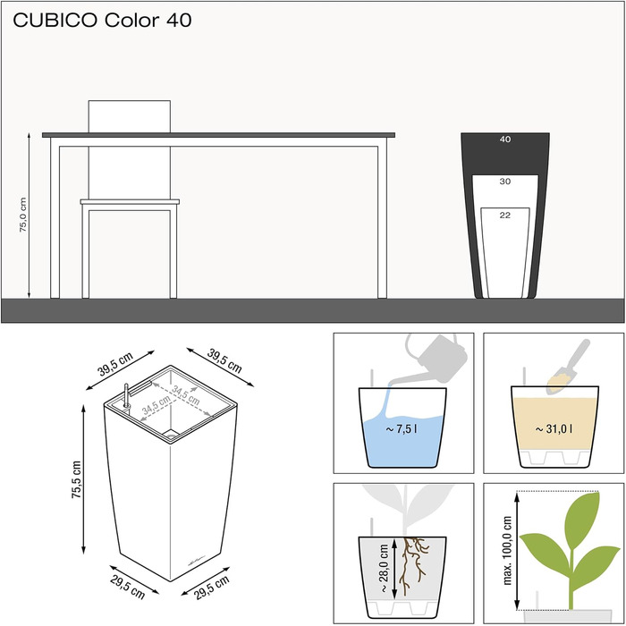 Lechuza Cubico Color 40 - Комплект для вирощування, сірий шифер, 39.5x39.5x75.5 см