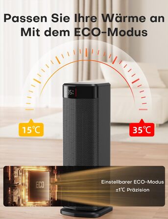 Електричний обігрівач 2000W з PTC-нагрівачем, 4 режими, ECO-режим, термостат, осциляція 90°, таймер 24 години, пульт дистанційного керування, захист від перекидання та перегріву для дому