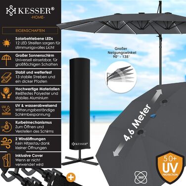 Двомісний парасольковий тент KESSER 4,6x2,7 м з LED, алюмінієвий, водостійкий, з підставкою, вітрозахист, антрацит, 360° обертання, кривошип, нахил
