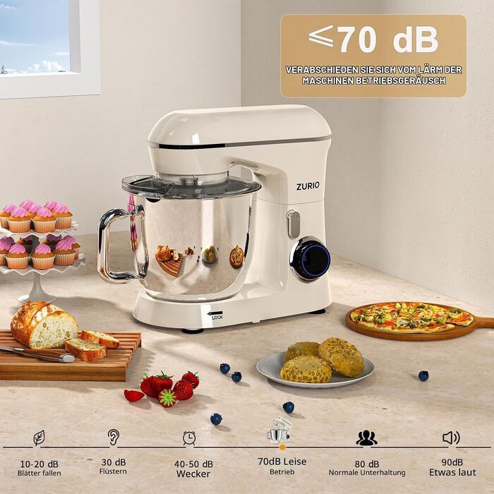 Планетарний міксер Zurio 1300W, чаша 5.5л, кухонна машина з 10 швидкостями та функцією тихого замішування, колір Cream