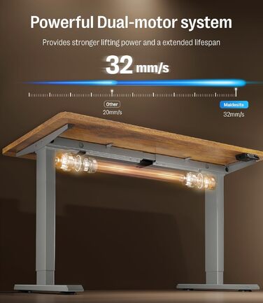 Електричний регульований стіл MAIDeSITe S2 Pro 140x70 см, сірий каркас + вінтажний коричневий, вантажопідйомність 160 кг, з захистом від зіткнень