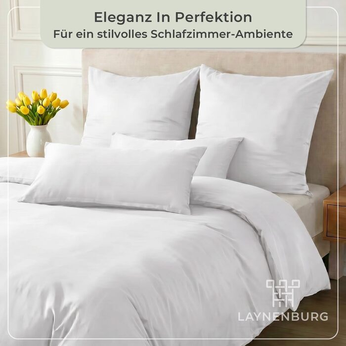Постільна білизна LAYNENBURG Premium Mako Satin, 100% бавовна, охолоджуюча літня комплектація (підковдра 155x220 см, наволочка 80x80 см), біла, Oeko-TEX 100
